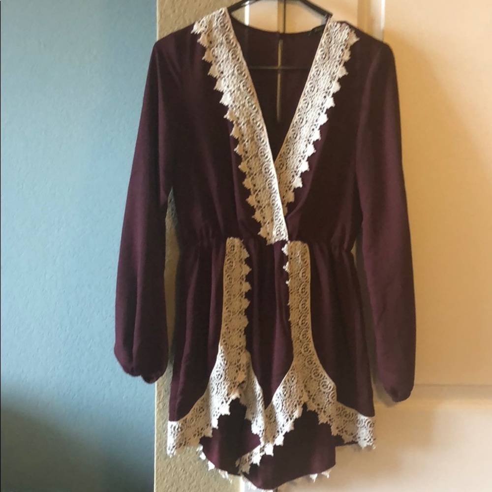 Maroon lace-trimmed romper